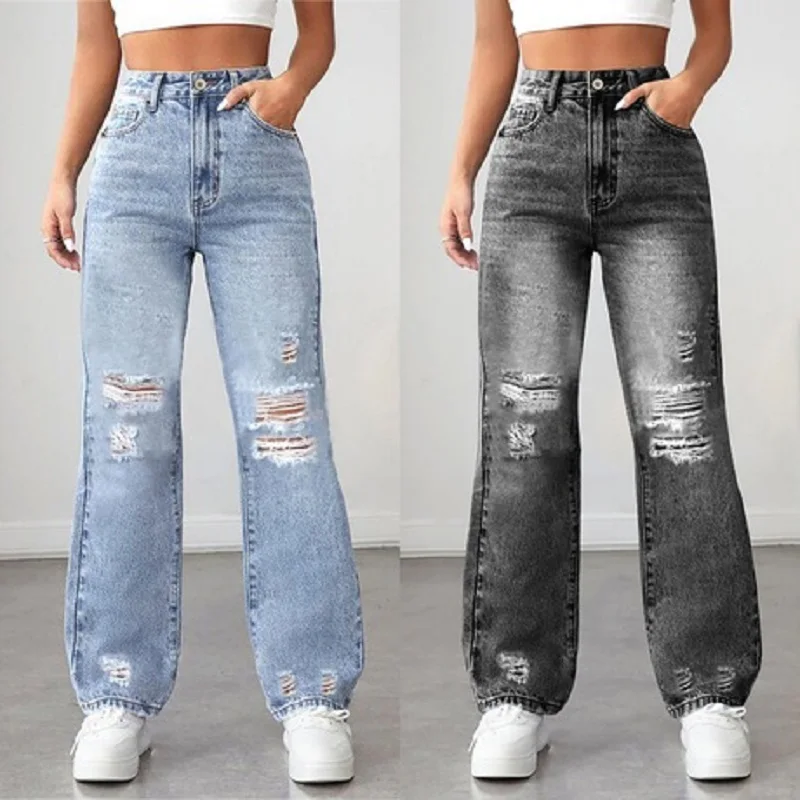 

Women Straight Denim Jeans Ladies High Waist Ripped Hole Streetwear Baggy Pants
