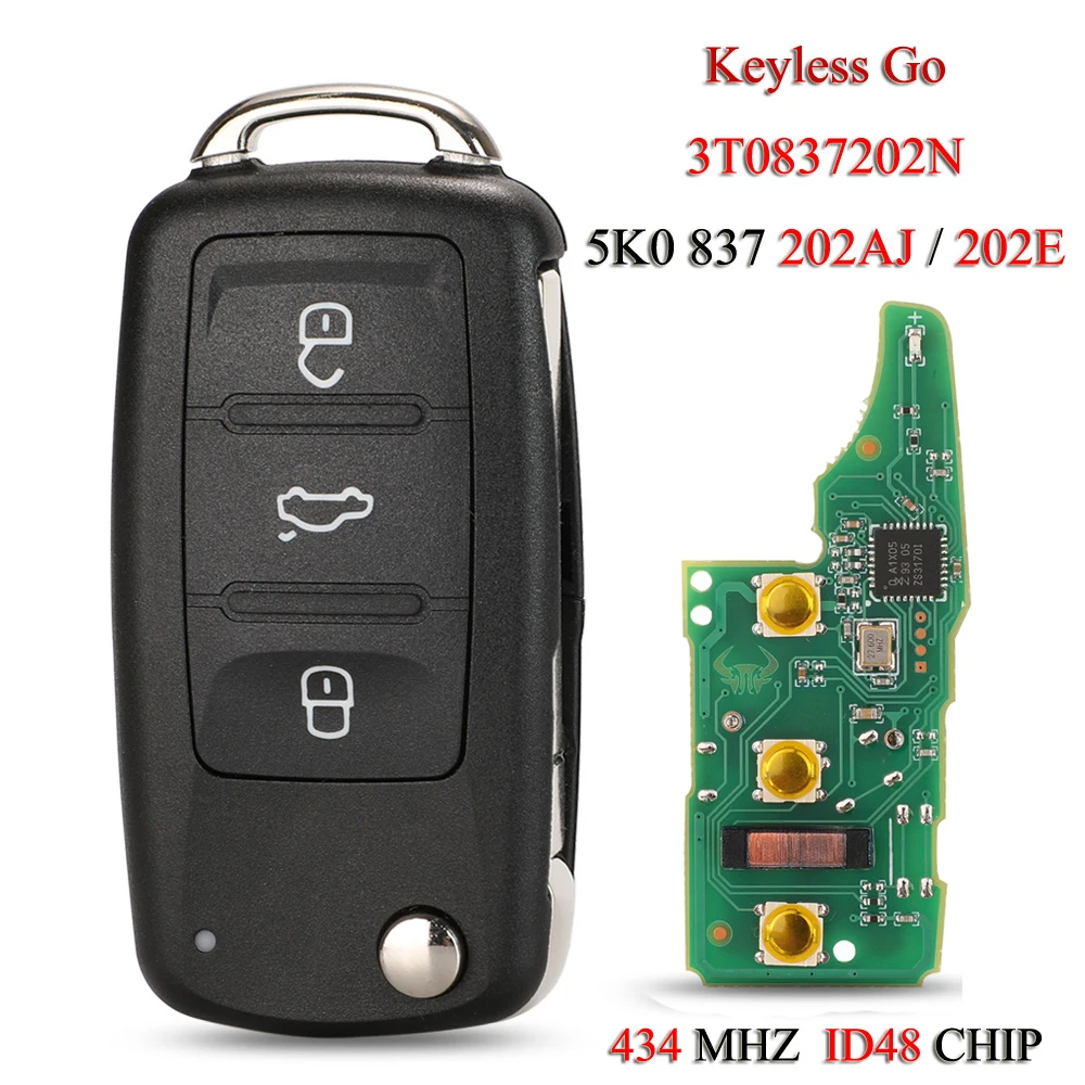 jingyuqin 3T0837202N 5K0837202AJ 5K0837202E Remote Car Key For VW Beetle Eos Golf Jetta Sharan Skoda 434Mhz ID48 Chip Keyless Go