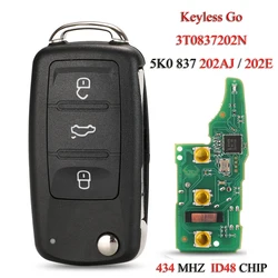 Jingyuqin 3T0837202N 5K0837202AJ 5K0837202E zdalny kluczyk do VW Beetle Eos Golf Jetta Sharan Skoda 434Mhz ID48 Chip Keyless Go