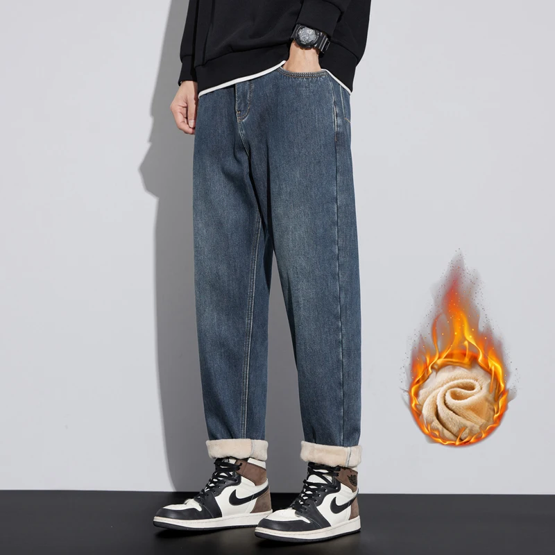 

Winter New Men's Fleece Jeans Fashion Tapered Korean Casual Vintage Pants Streetwear Personality Plush Warm Denim Trousers