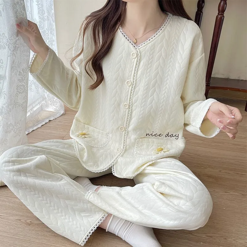 

2023 New Sleepwear Women's Autumn and Winter Loungewear Three Layer Interlayer Sleepwear Thickened Warm Air Cotton Homewear Set