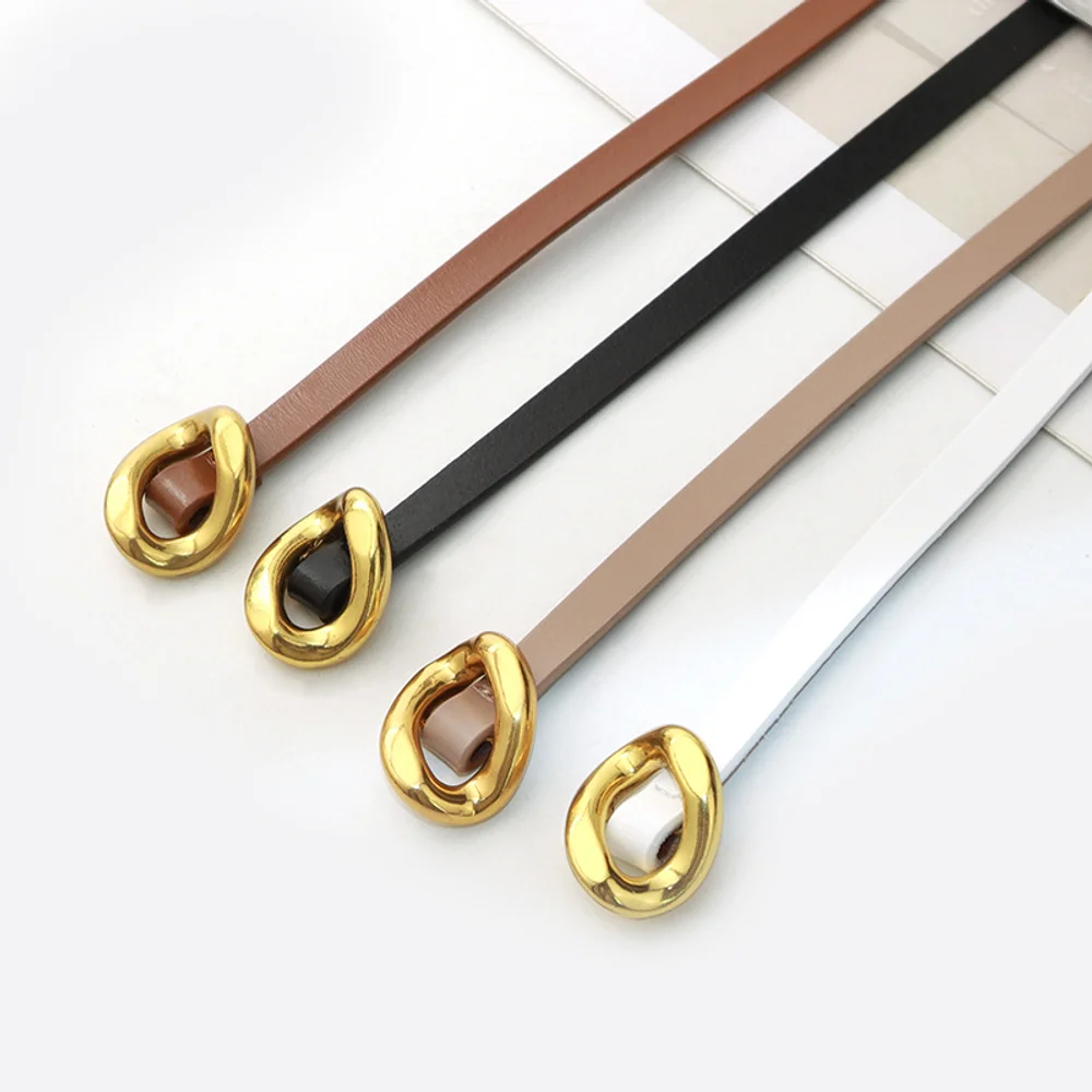 Leather thin waist belt accessory with dress waist suit versatile retro genuine leather small waist belt chain buckle