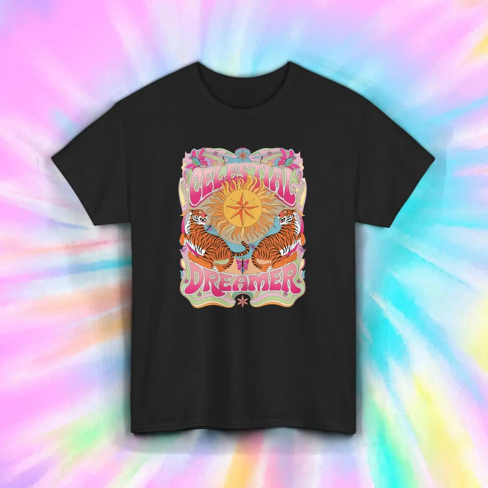 

Celestial Dreamer Shirt Retro Tiger Sun Psychedelic Mystic Vibe Tee S-5XL