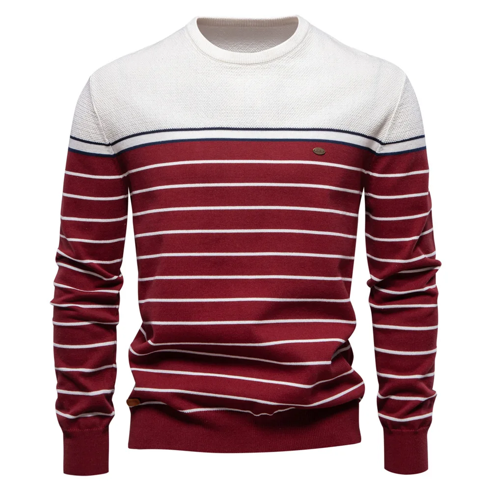 Autumn Mens Sweater High-quality Round Neck Stripe High Elasticity Pullover Men Fashion Casual Stripe Knit Sweaters Men Clothing