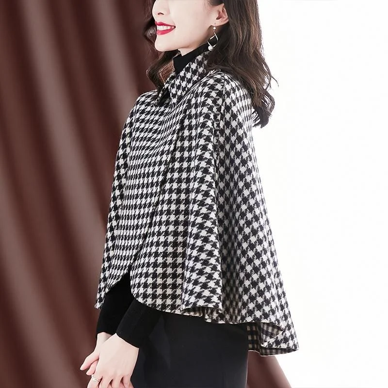 

Cloak woolen poncho coat Women autumn and winter 2023 casual new style bird check loose thin plaid coat shawl coat female tops