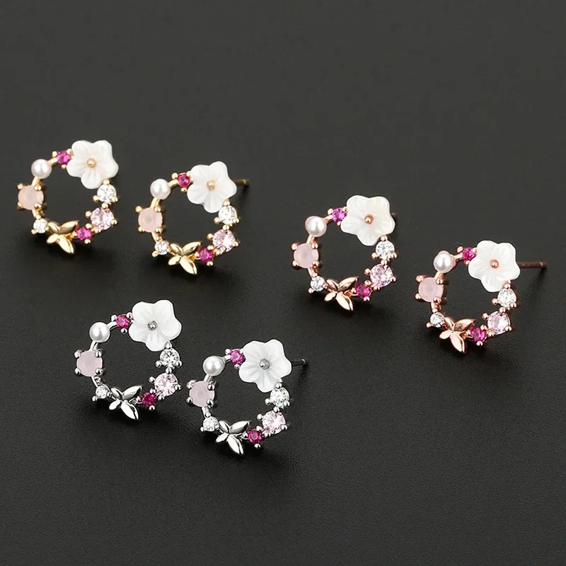 Cute Romantic New Colorful Pearl Stud Earrings for Women Charm Butterfly Flowers Shell Piercing Earring Jewelry Gift Brincos