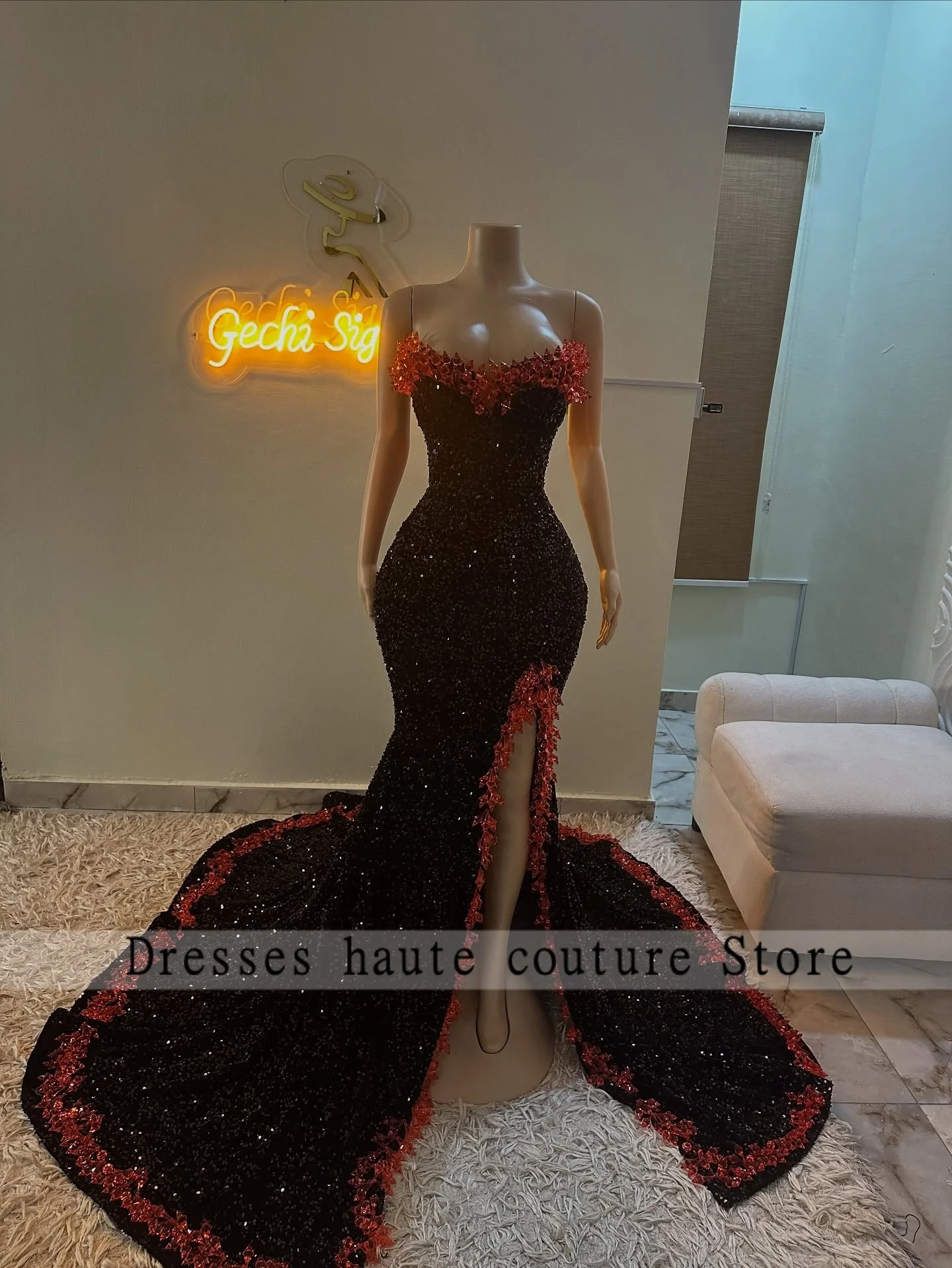

New Contrast Black-Red Prom Dresses 2026 Sequin Diamond African Women Formal Wedding Party Dress Slit Evening Gowns Customized
