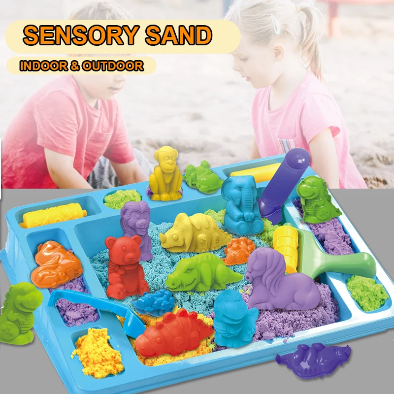 Sensory Sand Bin Toy for Boys Girls Kids, Dinosaurs Animals Molds Play Sand Art Kit, Best Indoor/Outdoor Birthday Christmas Gift