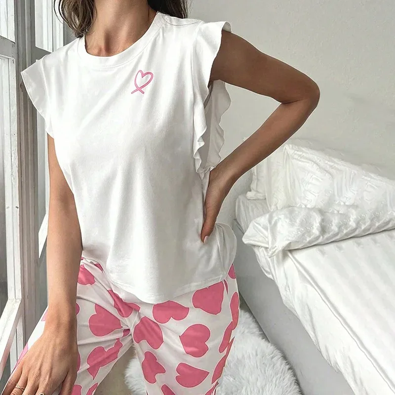 

Womens Heart Print Pajama Set Autumn Short Sleeve Top & Pants Sleepwear 2 Piece Soft Comfortable Home Clothes Pyjama Lounge Suit