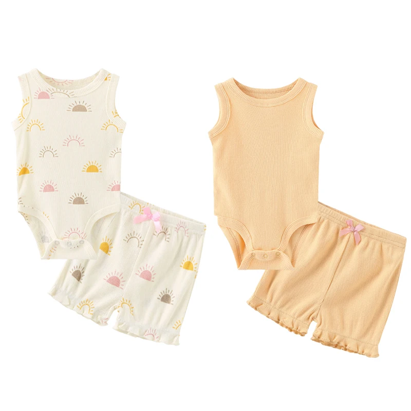 4Pcs Cartoon Cute Baby Girl Clothing Set 100%Cotton Sleeveless Bodysuits+Shorts Clothes 0-12M Infant Multi-piece Suit