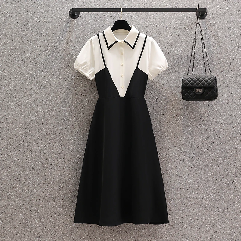 2024 Black Patchowrk Fake Two Piece Midi Dress Summer Elegant Polo Collar Office Lady Dress Women Korean Vintage Hepburn Dresses