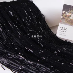 Black Elastic Tassel Sequin Mesh Fabric for Dress Clothing Designer Diy Sewing Material Cloth Handmade Wholesale