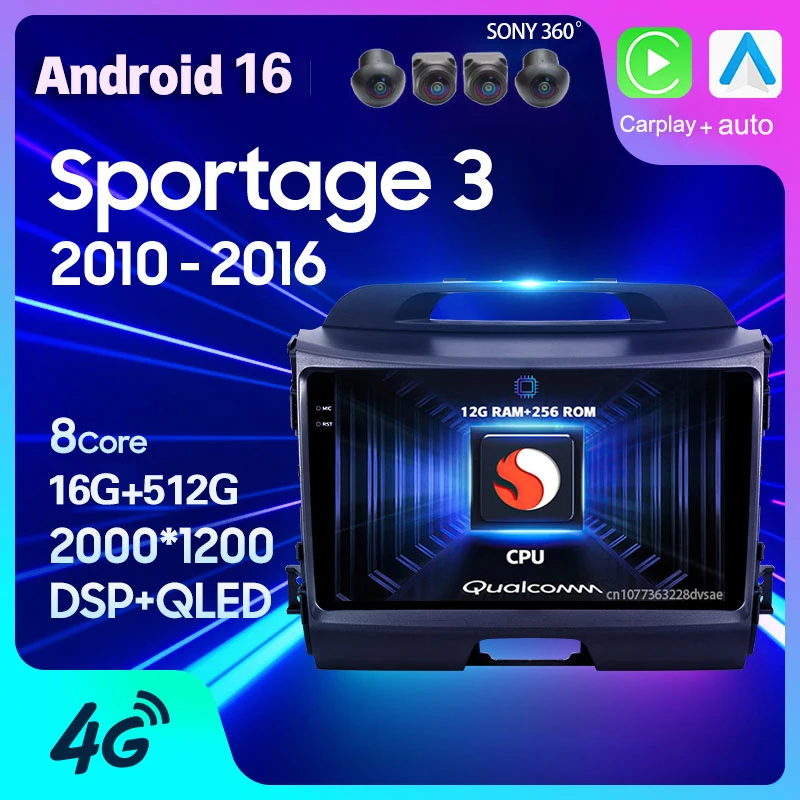 Autoradio Android 16 Carplay Auto pour Kia Sportage 3 SL 2010 2011 2012 - 2016, Navigation, WIFI+4G, BT, DSP, Lecteur Vidéo