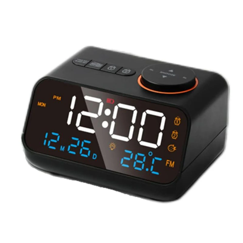 

Светодиодный цифровой будильник для спальни, FM-радио, затемняющий перезаряжаемый измеритель температуры и влажности с функцией повтора, прикроватная тумбочка 12/24 часа