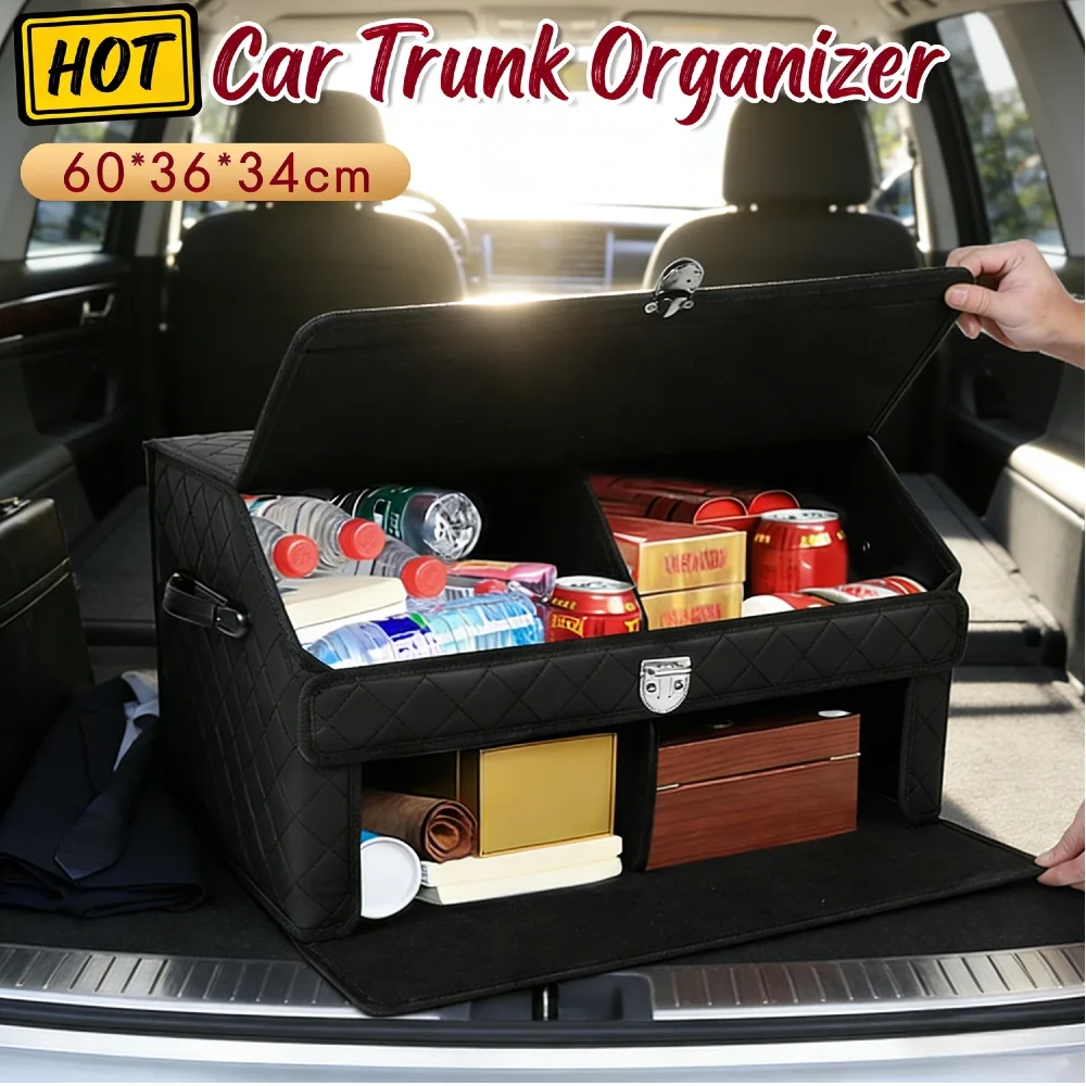 

Dual-Layer Collapsible Car Trunk Organizer Magnetic Lock Lid Leather Felt Lining Adjustable Storage Caddy for Sedan SUV Cargo Va