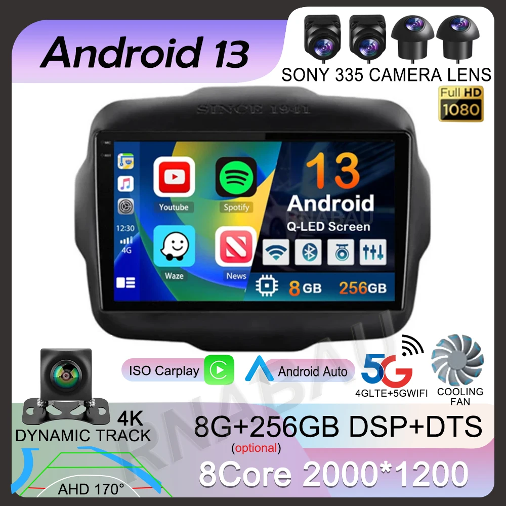 

Android 13 Carplay Auto Car Radio For Jeep Renegade 2016-2020 GPS Navigation Multimedia Video Player Autoradio Stereo WIFI+4G BT