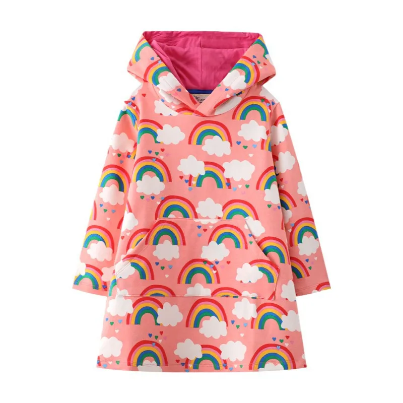 

Jumping Meters New Arrival Rainbow Print Cotton Hooded Dresses For 2-7T Kids Clothes Autumn Spring Children's Frocks Girls Dress