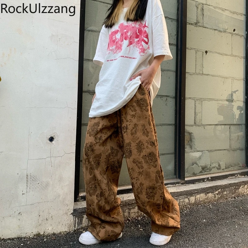 Flower Pocket Loose Straight Corduroy Pant High Waist Drawstring Sweatpant Woman Man kpop casual y2k harajuku streetwear fashion