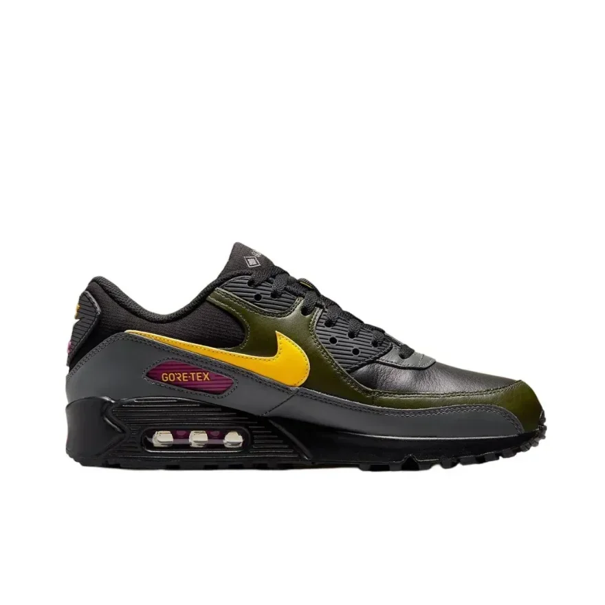 Nike Air Max 90 sepatu kets pria, sepatu lari kasual leher rendah nyaman warna hitam & kuning