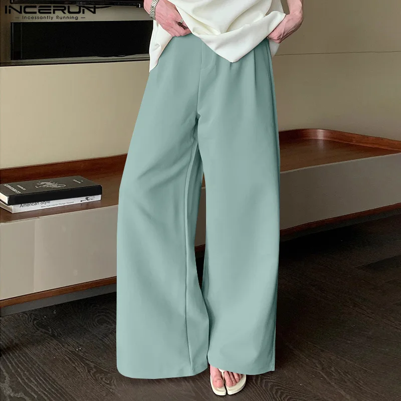 

INCERUN Men Pants Solid Color Button Joggers Streetwear Loose Wide Leg Trousers Men 2024 Korean Style Fashion Casual Male Pants