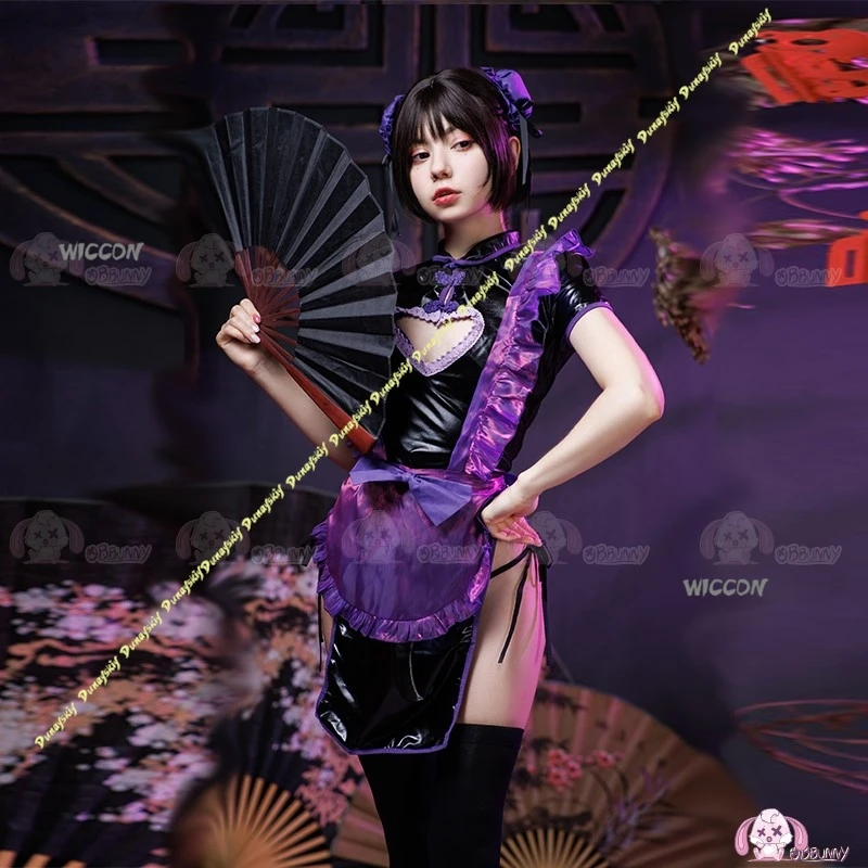 Disfraces de Cosplay morados, vestido de sirvienta, corazones ahuecados, Cheongsam, juego de rol, falda Sexy para niñas y mujeres, diario, Navidad y Halloween