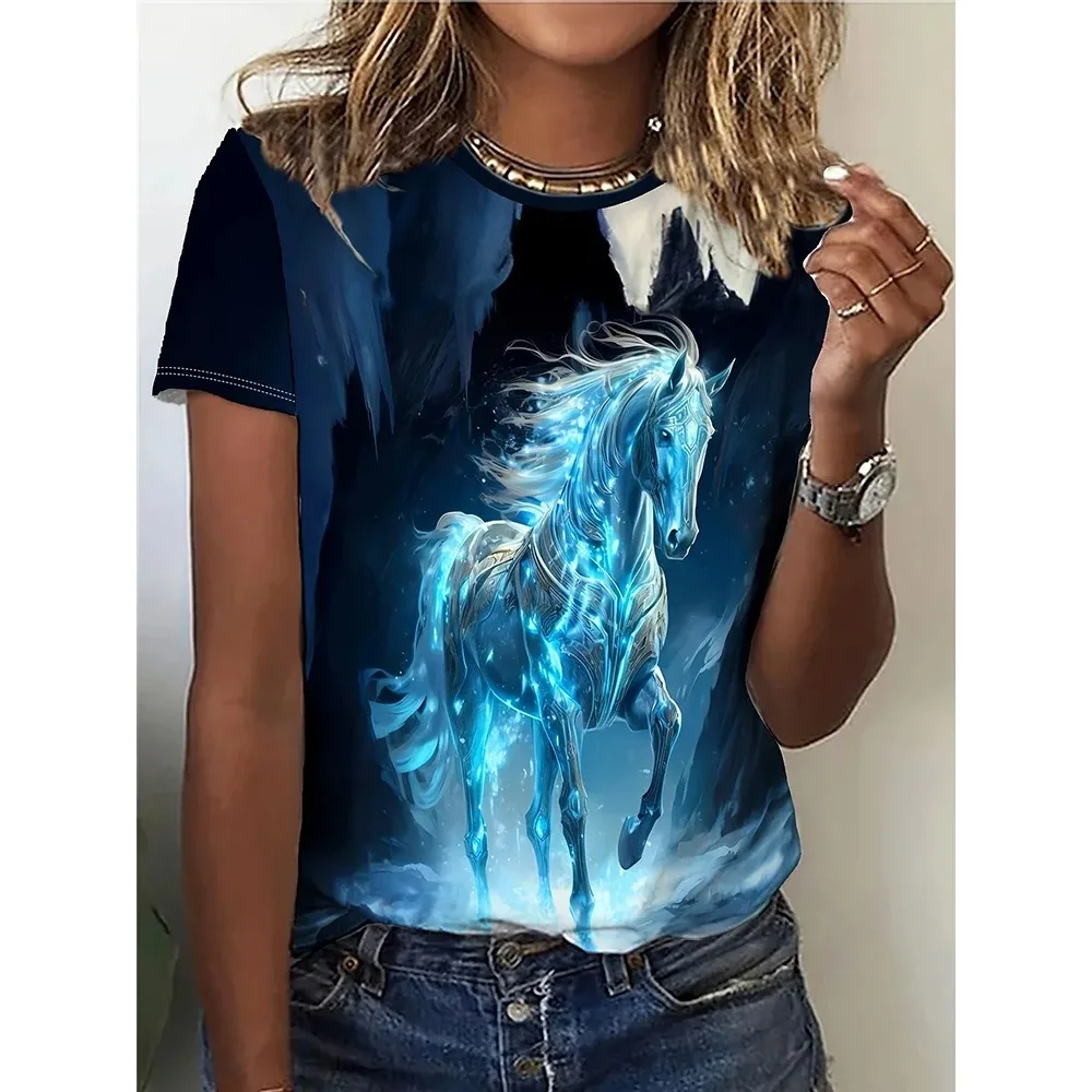 

Summer Everyday Casual Women's Short-sleeved Top 3D Horse Print Women's Urban Street Fashion T-shirt Animal Lover T-shirt
