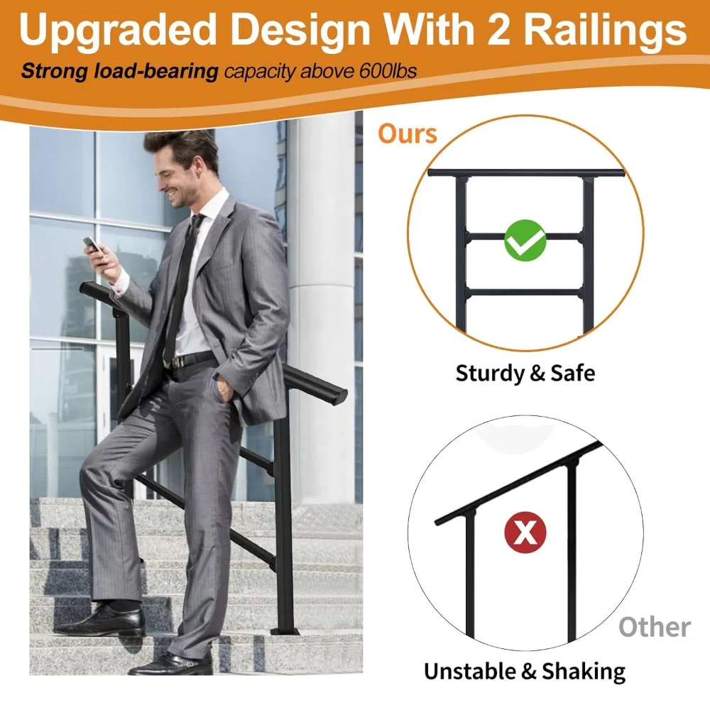 3-Step Outdoor Stair Railing: Black Wrought Iron Handrail for 2 to 3 Steps - Porch Stairs Hand Rail Railings Kit