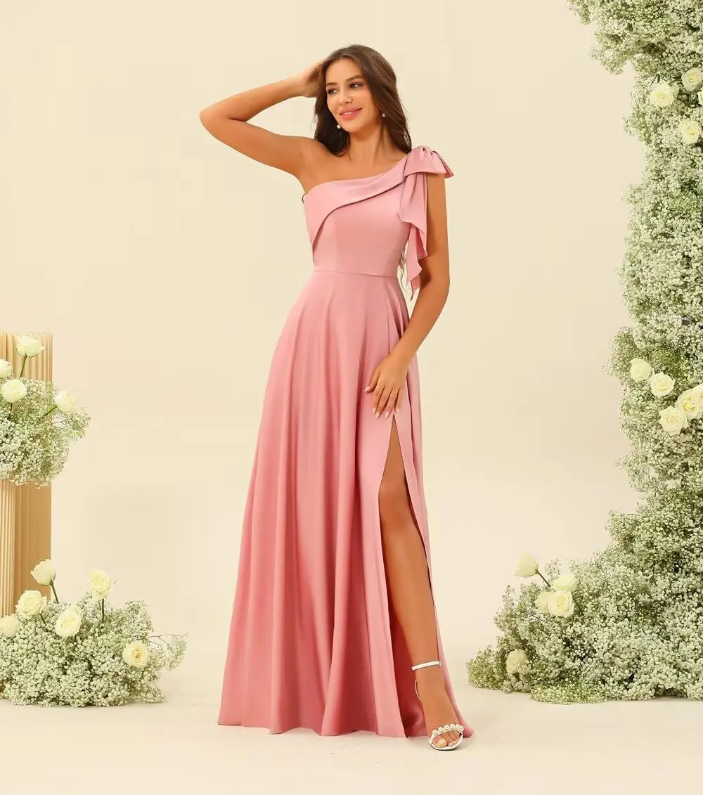 ชุดเพื่อนเจ้าสาวผ้าซาตินแบบไหล่เดียวผูกโบว์ ชุดราตรีงานแต่งงานยาว ชุดราตรีออกงาน ชุดเดรสยาวผ่าข้าง ดีไซน์หรูหราสำหรับผู้หญิง