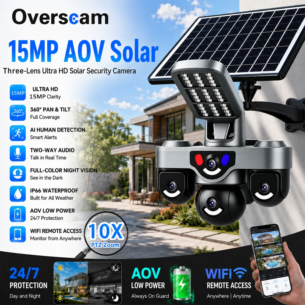 15MP Three Lens AOV Solar WiFi Security Camera Outdoor Surveillance 10X PTZ Zoom PIR Detection 360° Pan Tilt Color Night Vision