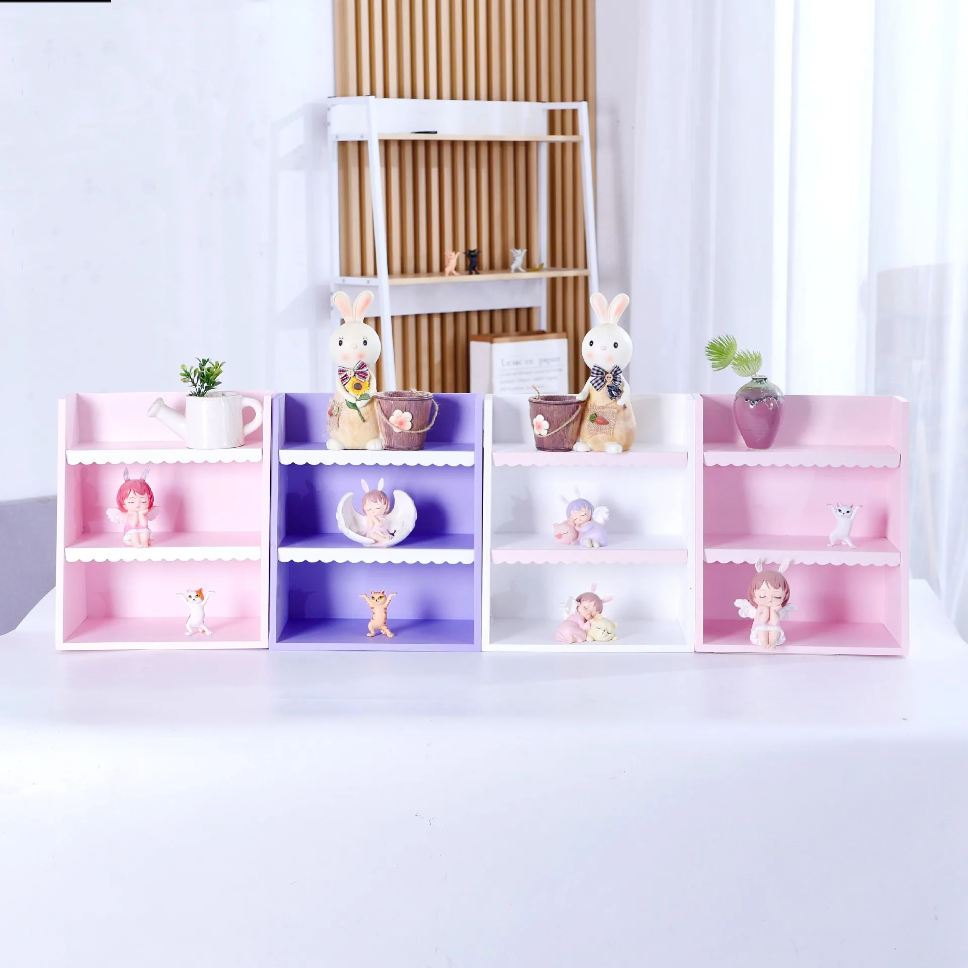 Pink Wooden Storage Rack Desktop Shelving Blind Box Storage Rack DIY Doll Storage Display Cabinet Cosmetic  Rack