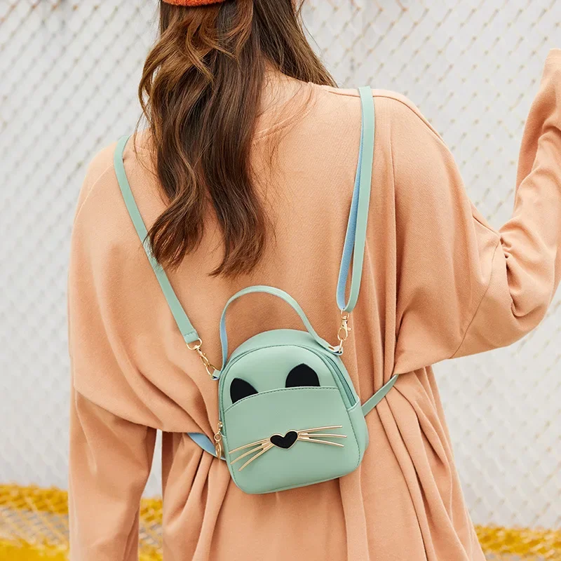 Trendy Casual Ladies Small Fresh Bag Shoulder Backpack Cat Handbag Tassel Phone Bag\'s PU Leather Student Backpack