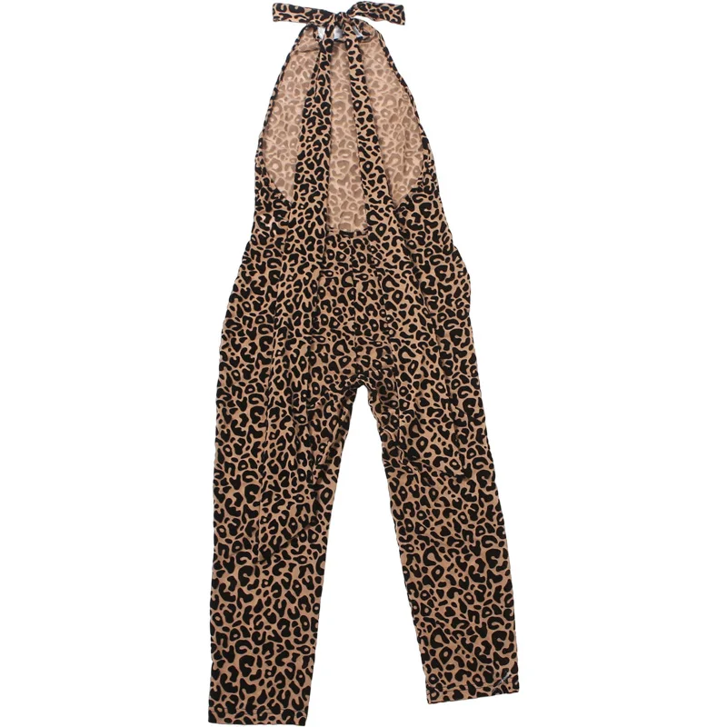 Leopard Brown Women Jumpsuit Sexy Halter Backless Sheath Capri Pants Trousers Casual Formal Wedding Birthday Evening Wear