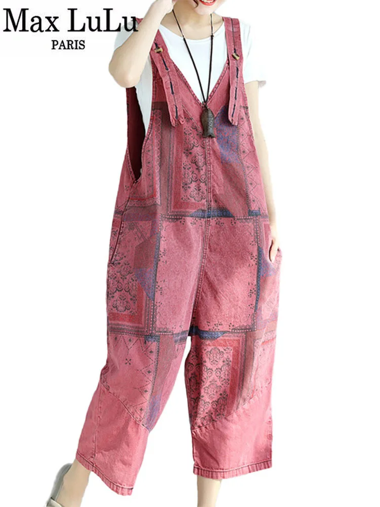 Max LuLu Spring British Womens Vintage Printed Overalls Ladies Patchwork Loose Denim Pantalons Female Designer Oversized Pants