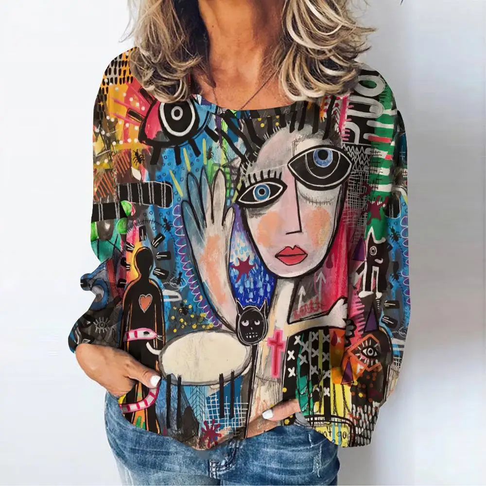 Women's Abstract Graffiti Print Fun Character Portrait T-Shirt Fashion Long Sleeve T-Shirt Street Casual Pullover T-Shirt