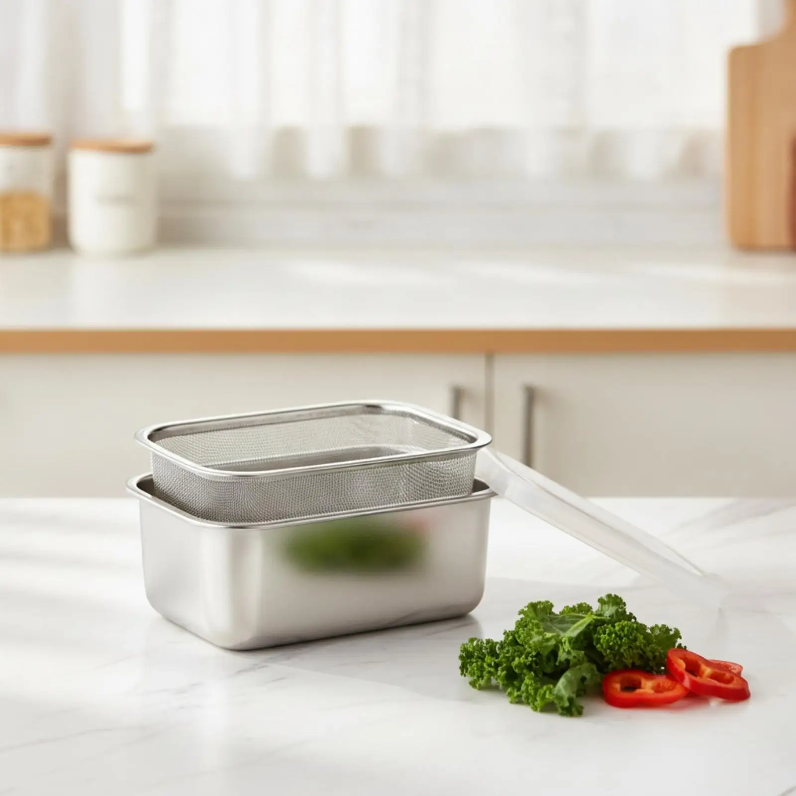 Rust Proof Stainless Steel Container with Strainer Basket Nested Design for Vegetable Rinsing and Food Storage