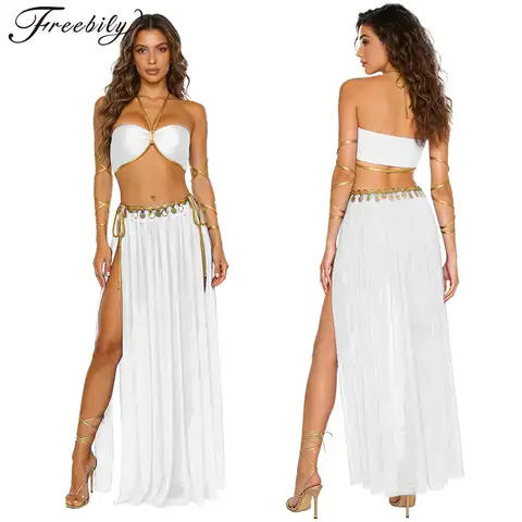 Women Belly Dance Outfit Halloween Cleopatra Queen Sun Goddesses Cosplay Costume Crop Top Arm Bands Mesh Skirt Briefs Nightwear
