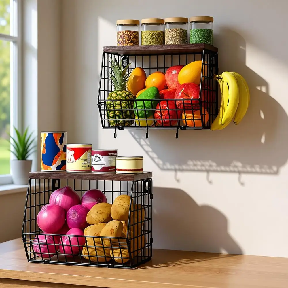 

Настенные складные проволочные корзины с деревянными крышками, крючками для бананов и отсеками для хранения овощей