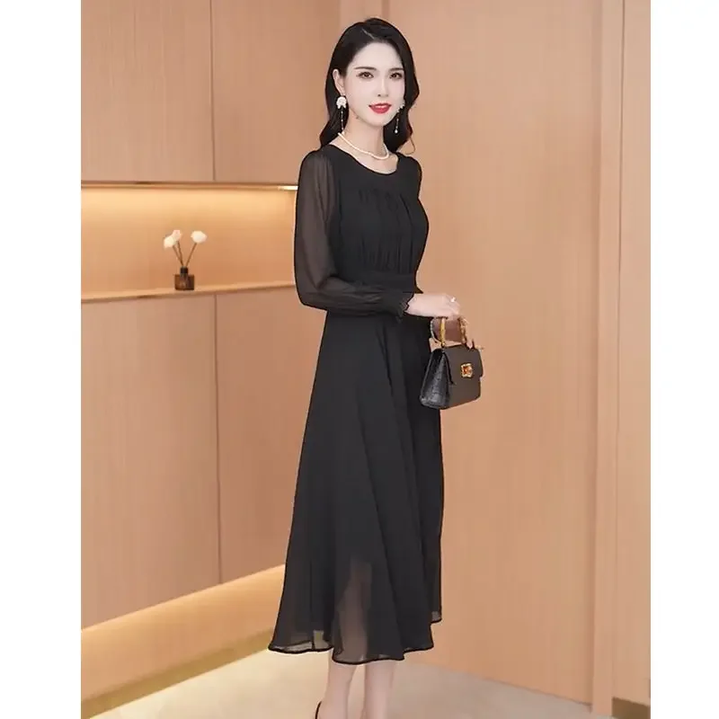 Y2k Spring Solid Black Midi Dress Women New Long Sleeve French Elegant Temperament One Piece Dress Evening Party Prom Robe Lady