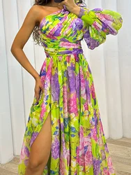 One Off Shoulder Fashion Maxi Dress, Women Loungewear Printing Long Sleeve Party Dress, Spring Summer Skew Collar Ladies Dress