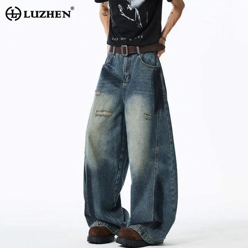 

LUZHEN Wornout Broken Hole Patched Design Loose Straight Denim Pants Men's 2025 New Fashion Original Washed Women's Jeans JY3023