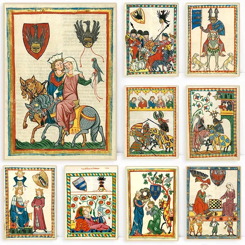 Medieval Antique European Art Posters Lovers on Horse Prints Canvas Painting Retro Wall Picture for Living Room Home Decorati