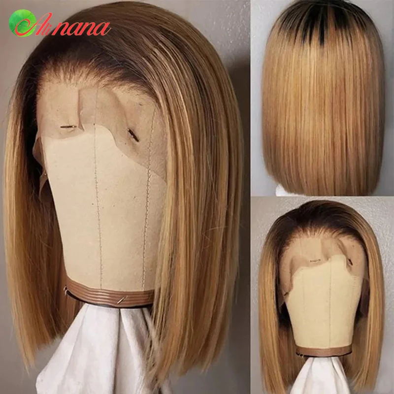 Perruque Bob Lace Wig Naturelle Lisse, Cheveux Courts, Blond Miel, Brun Ombré, 13x4, avec Baby Hair, pour Femme Africaine