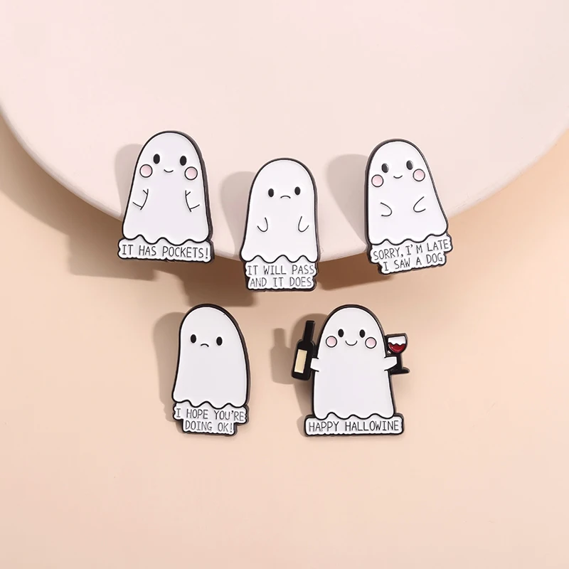 Boo Cute Ghost Enamel Pins Happy Hallowine I Hope You're Doing Ok Brooch Metal Best Wishes Blessings Jewelry Lapel Badge Gift