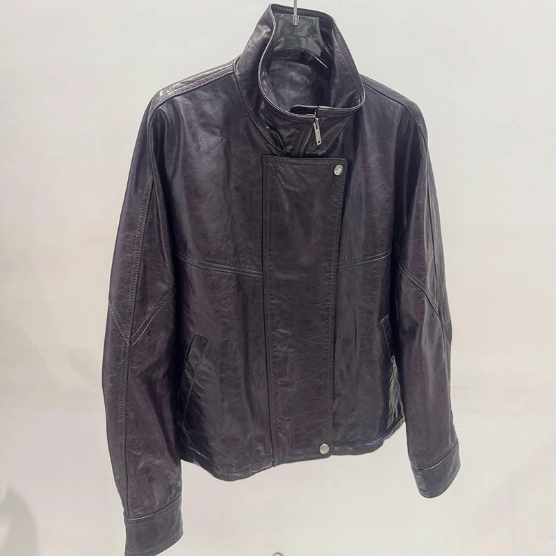 High Quality Sheepskin Women's Real Leather Jacket Vintage Oil Wax Distressing Female Lapel Motorcycle Leather Jacket Loose Coat