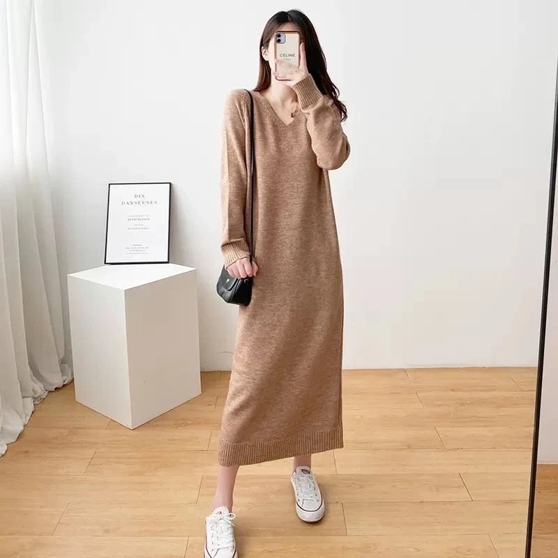 Senhoras de malha com decote em v solto ajuste camada base saia outono inverno casual em linha reta estilo coreano para mulheres escritório data outfit presente