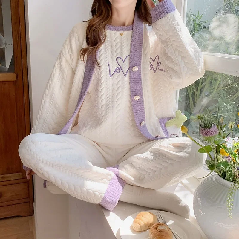 2024 New Autumn Winter Women Three-layer Padded Sleepwear Warm Air Cotton Sandwich Pajamas Long-sleeved Homewear Three-piece