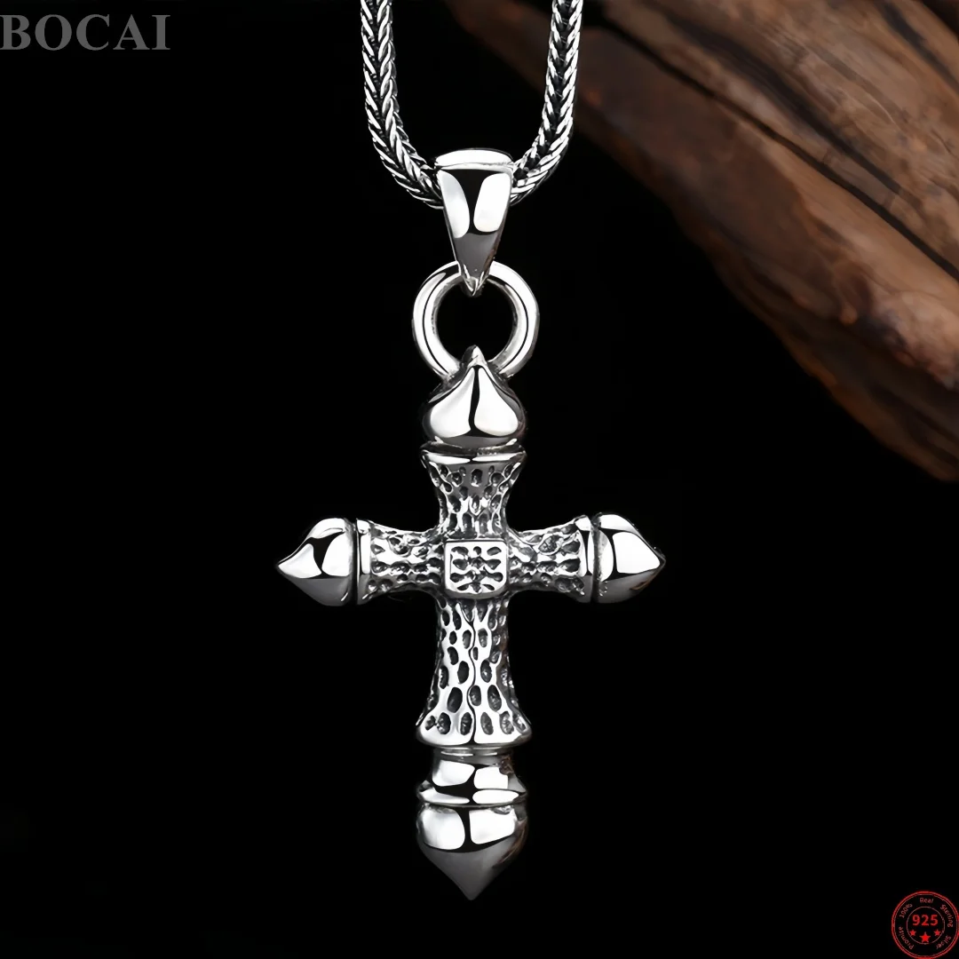 BOCAI NEW S925 Sterling Silver Charms Pendants for Men Women Antique Meteorite Pattern Cross Charm Amulet Fine Choice Jewelry