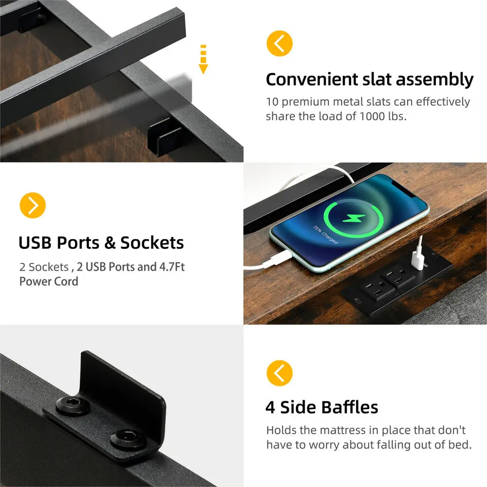 Bed Frame Metal Platform Bed with Storage Drawers Headboard USB Ports