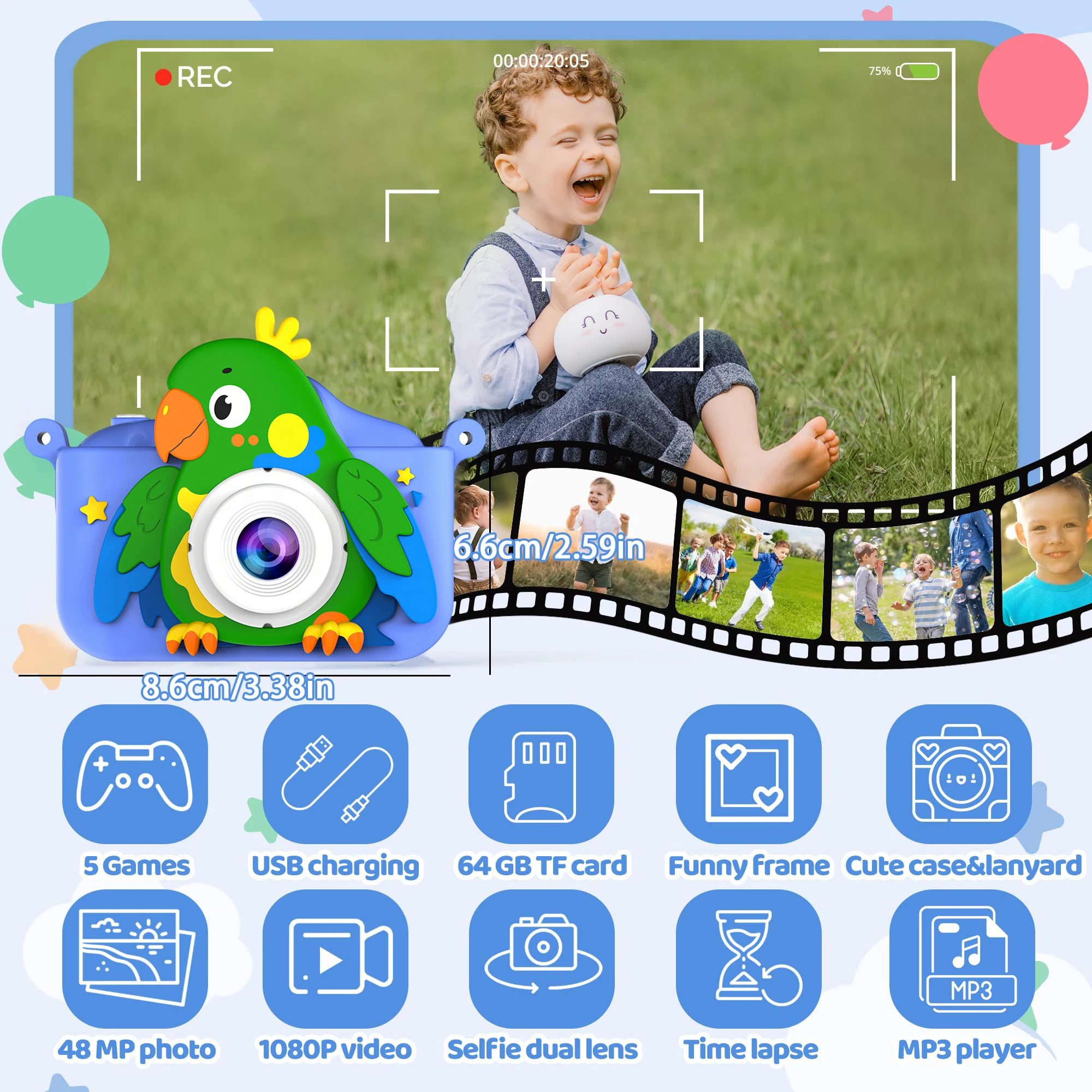 Kids' Camera, Dual Camera, 1080P HD, 48MP with Video Recording Perfect Birthday Gift for Kids Ideal Christmas, Halloween, or Bir