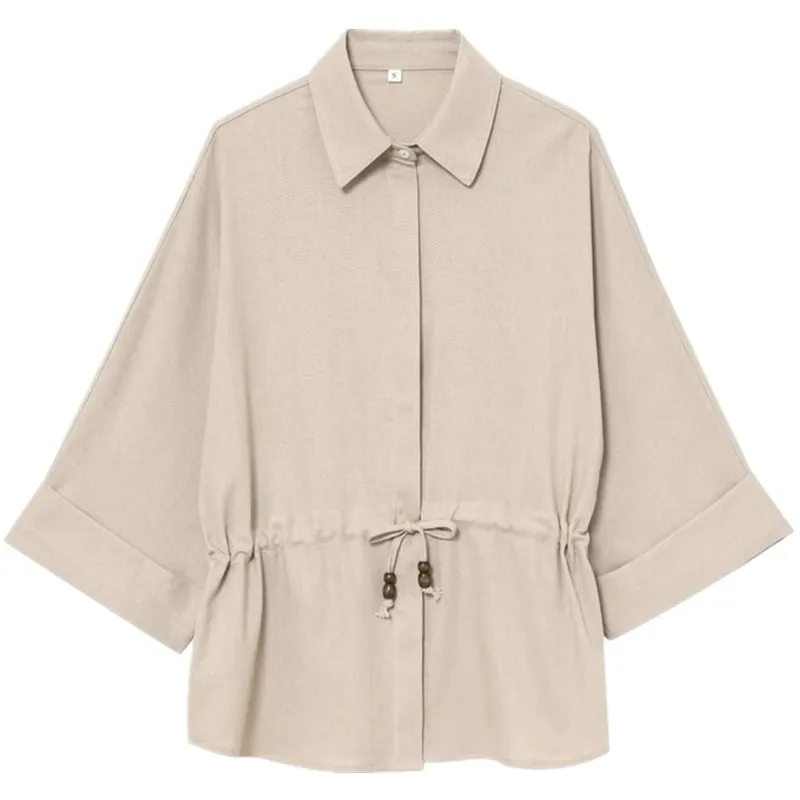 Spring 2025 Women's Faionable Long Sve Linen Blend irt Dstring Design Versatile Loose Fit irt New Arrival